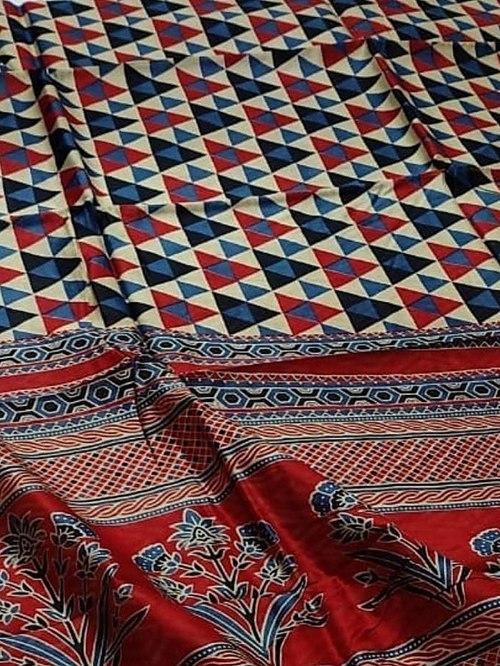 Indiehaat | Chanderi Silk Ajrakh Print Saree Beige