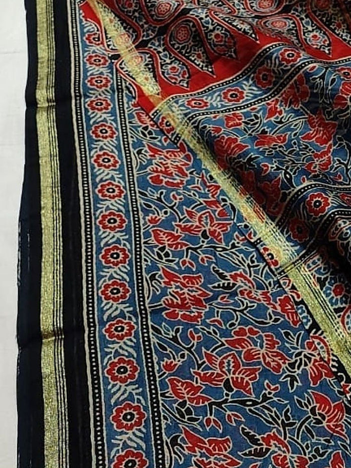 Indiehaat | Chanderi Silk Ajrakh Print Saree Multicolor