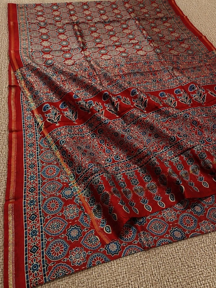 Indiehaat | Chanderi Silk Ajrakh Print Saree Red