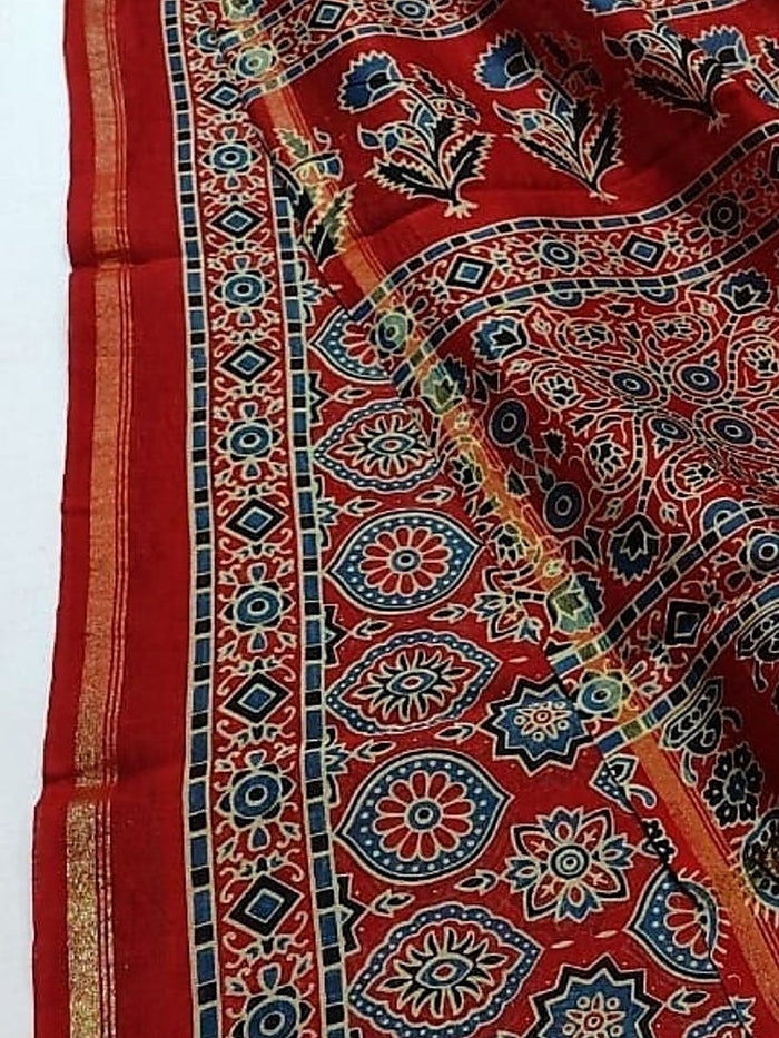 Indiehaat | Chanderi Silk Ajrakh Print Saree Red