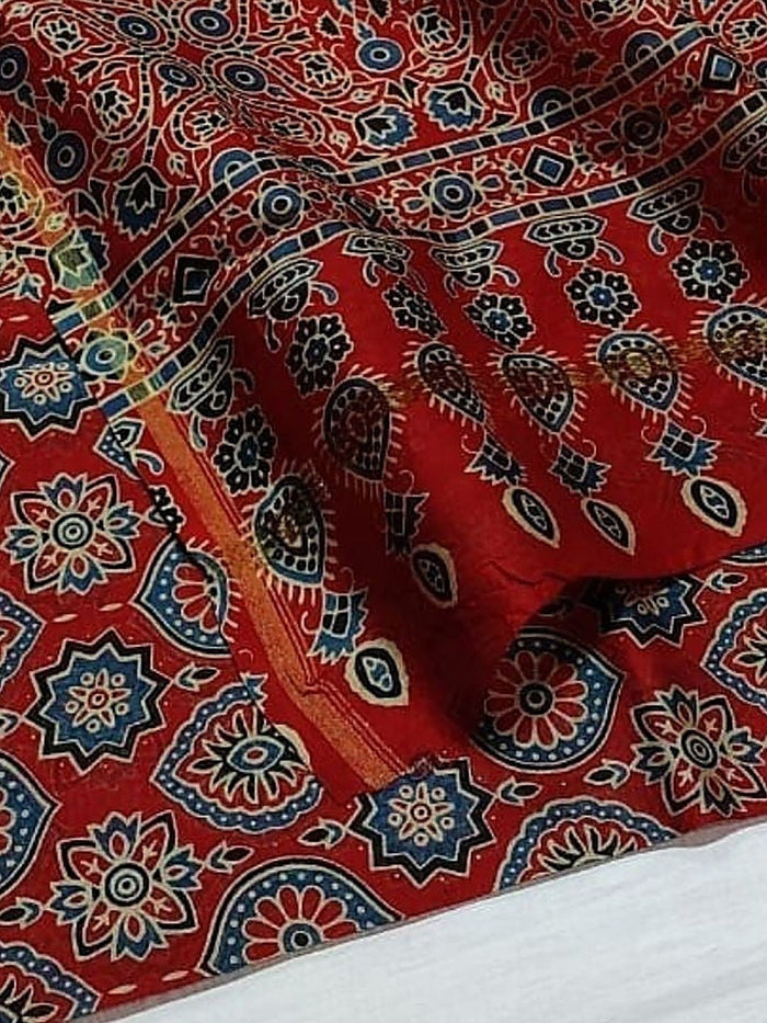 Indiehaat | Chanderi Silk Ajrakh Print Saree Red