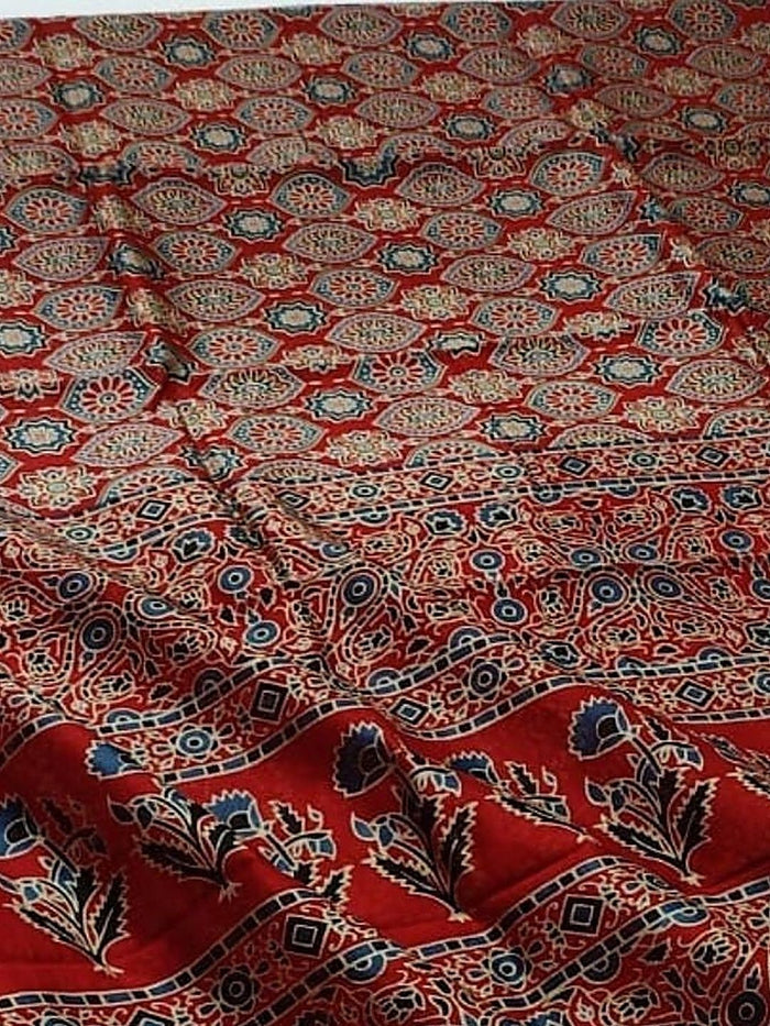 Indiehaat | Chanderi Silk Ajrakh Print Saree Red