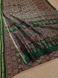 Indiehaat | Chanderi Silk Ajrakh Print Saree Green