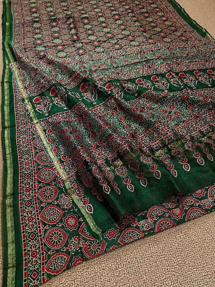 Indiehaat | Chanderi Silk Ajrakh Print Saree Green