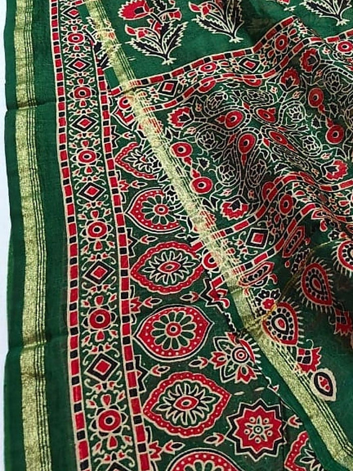 Indiehaat | Chanderi Silk Ajrakh Print Saree Green