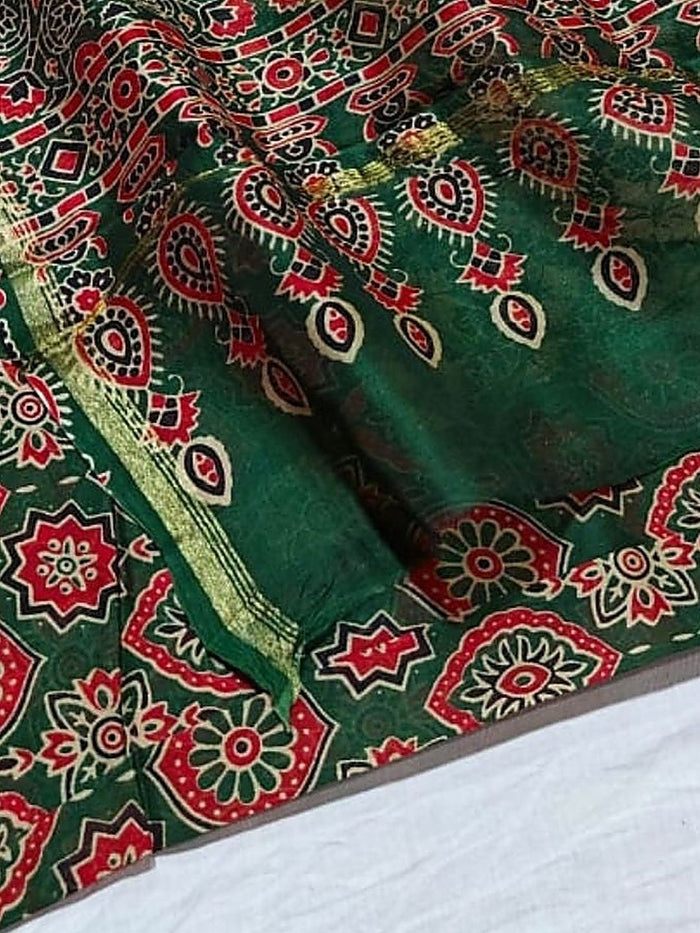 Indiehaat | Chanderi Silk Ajrakh Print Saree Green