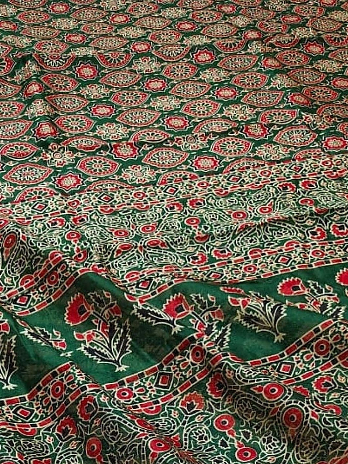 Indiehaat | Chanderi Silk Ajrakh Print Saree Green