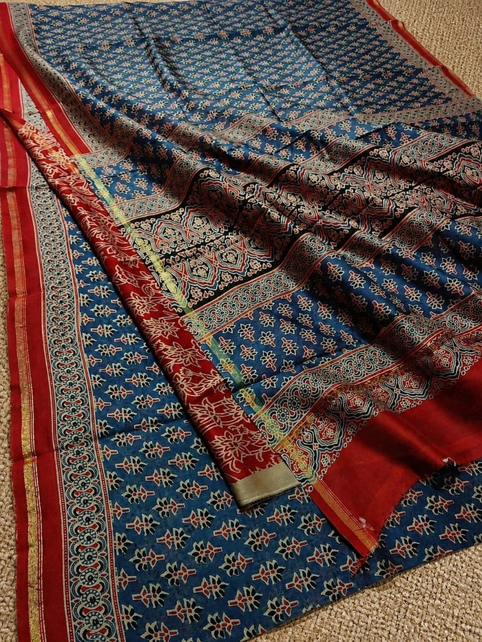 Indiehaat | Chanderi Silk Ajrakh Print Saree Blue