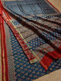 Indiehaat | Chanderi Silk Ajrakh Print Saree Blue