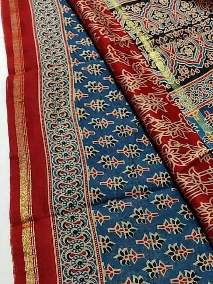 Indiehaat | Chanderi Silk Ajrakh Print Saree Blue