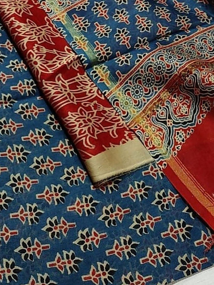 Indiehaat | Chanderi Silk Ajrakh Print Saree Blue