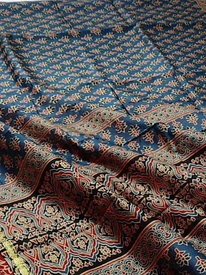Indiehaat | Chanderi Silk Ajrakh Print Saree Blue