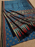 Indiehaat | Chanderi Silk Ajrakh Print Saree Blue