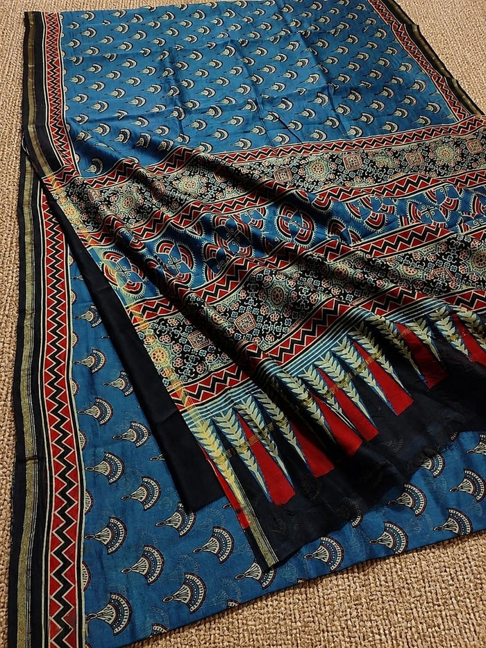 Indiehaat | Chanderi Silk Ajrakh Print Saree Blue