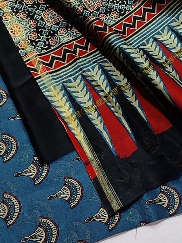 Indiehaat | Chanderi Silk Ajrakh Print Saree Blue