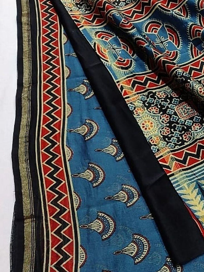 Indiehaat | Chanderi Silk Ajrakh Print Saree Blue