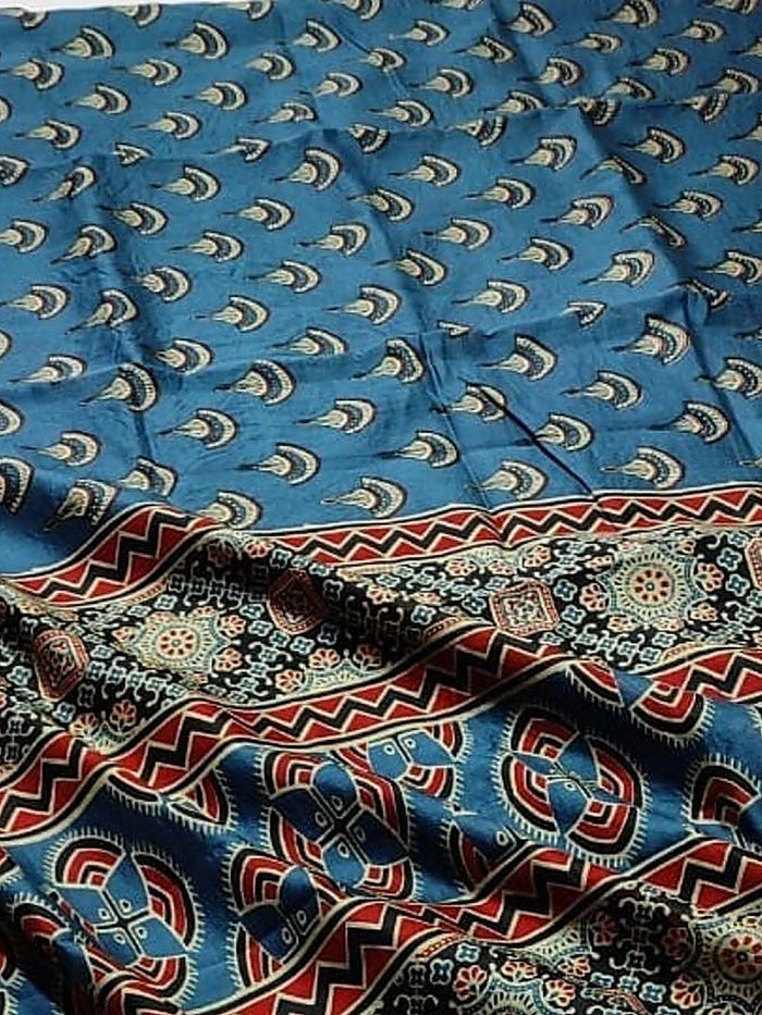 Indiehaat | Chanderi Silk Ajrakh Print Saree Blue