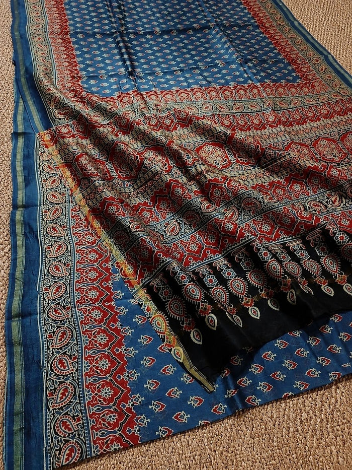 Indiehaat | Chanderi Silk Ajrakh Print Saree Blue