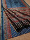 Indiehaat | Chanderi Silk Ajrakh Print Saree Blue