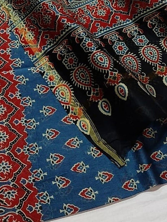 Indiehaat | Chanderi Silk Ajrakh Print Saree Blue