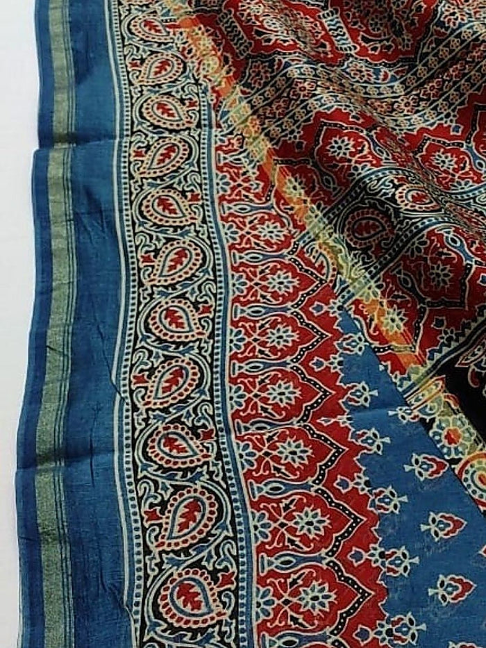 Indiehaat | Chanderi Silk Ajrakh Print Saree Blue