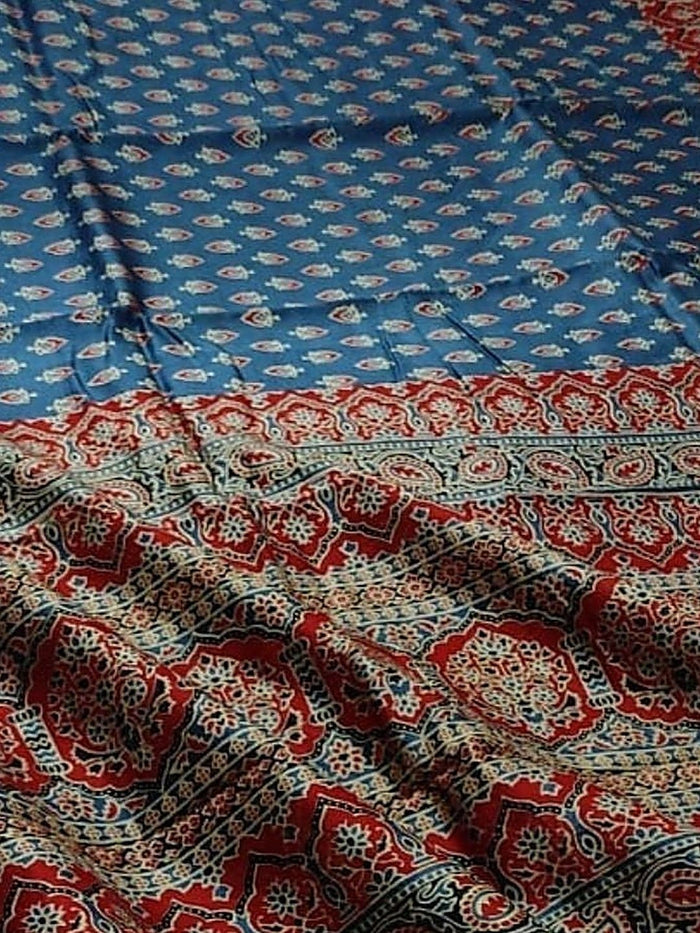 Indiehaat | Chanderi Silk Ajrakh Print Saree Blue