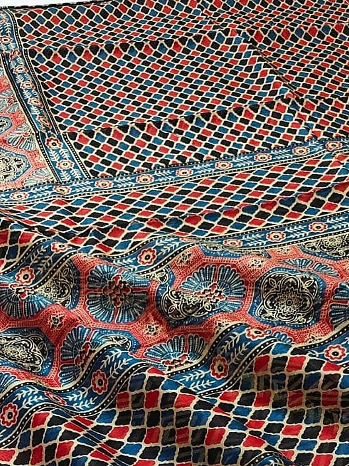 Indiehaat | Chanderi Silk Ajrakh Print Saree Multicolor