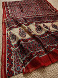 Indiehaat | Chanderi Silk Ajrakh Print Saree Brown