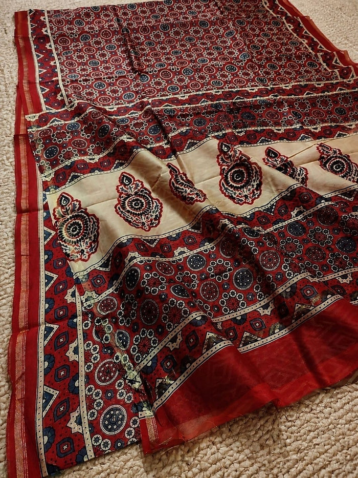 Indiehaat | Chanderi Silk Ajrakh Print Saree Brown