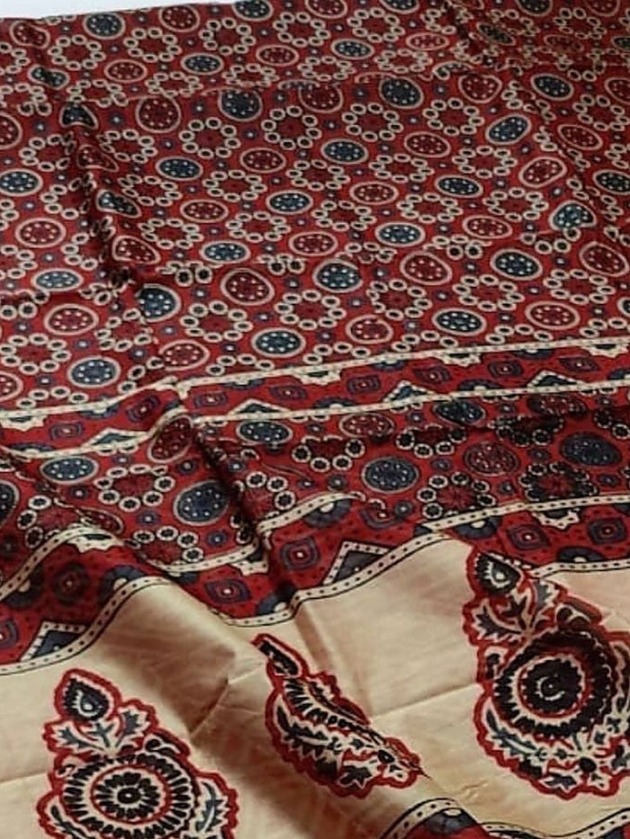 Indiehaat | Chanderi Silk Ajrakh Print Saree Brown