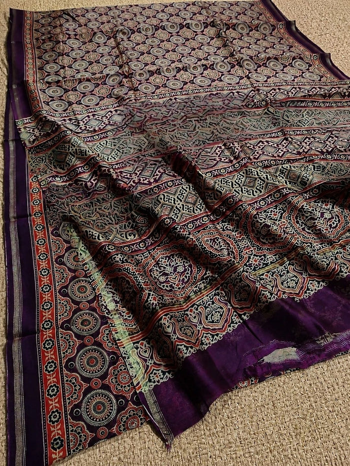 Indiehaat | Chanderi Silk Ajrakh Print Saree Red