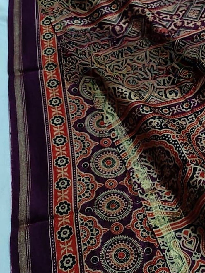 Indiehaat | Chanderi Silk Ajrakh Print Saree Red
