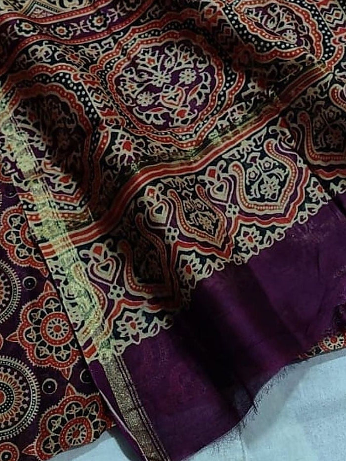 Indiehaat | Chanderi Silk Ajrakh Print Saree Red