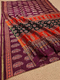 Indiehaat | Chanderi Silk Ajrakh Print Saree Red