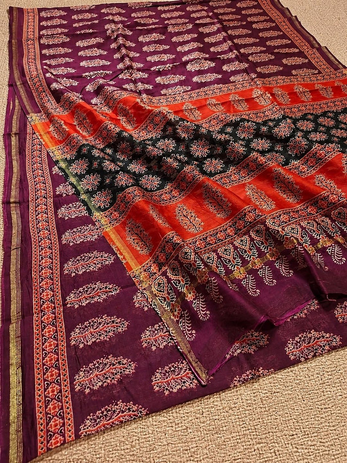Indiehaat | Chanderi Silk Ajrakh Print Saree Red