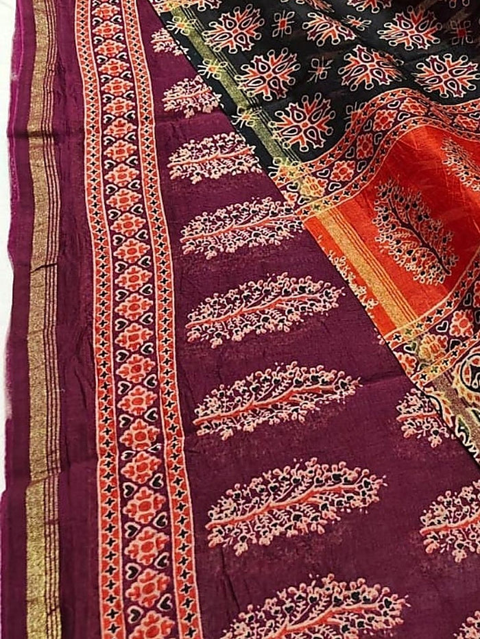 Indiehaat | Chanderi Silk Ajrakh Print Saree Red