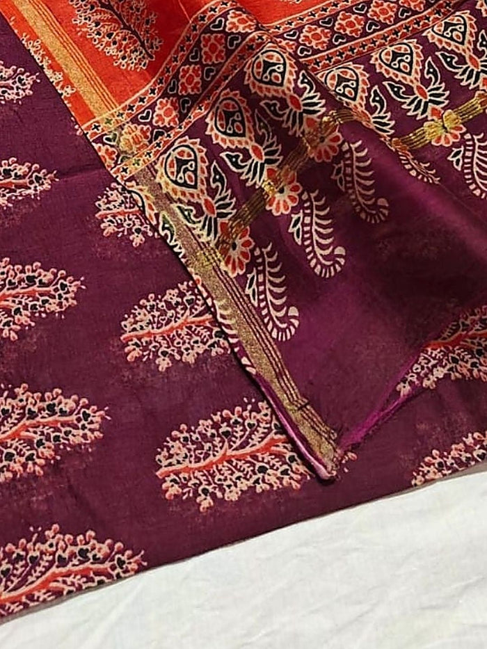 Indiehaat | Chanderi Silk Ajrakh Print Saree Red