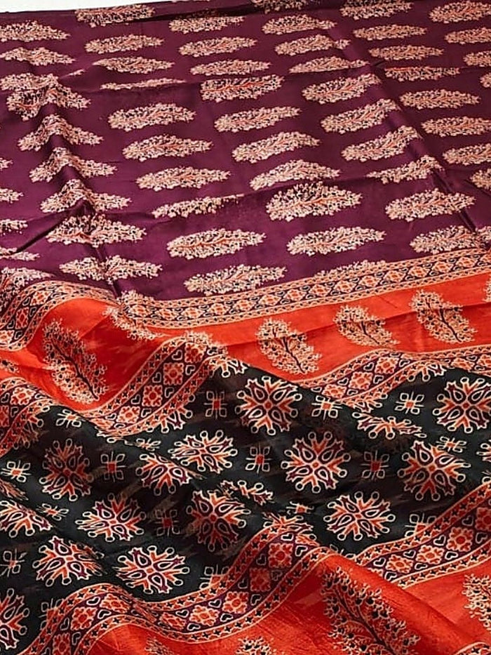 Indiehaat | Chanderi Silk Ajrakh Print Saree Red