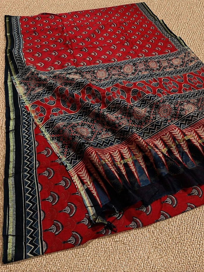 Indiehaat | Chanderi Silk Ajrakh Print Saree Red
