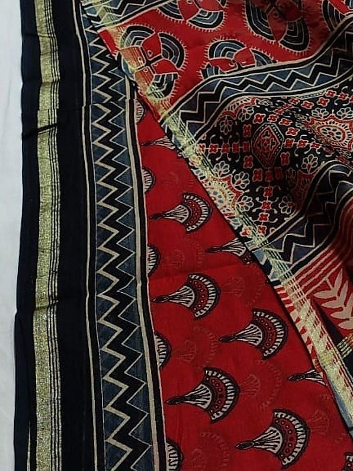 Indiehaat | Chanderi Silk Ajrakh Print Saree Red