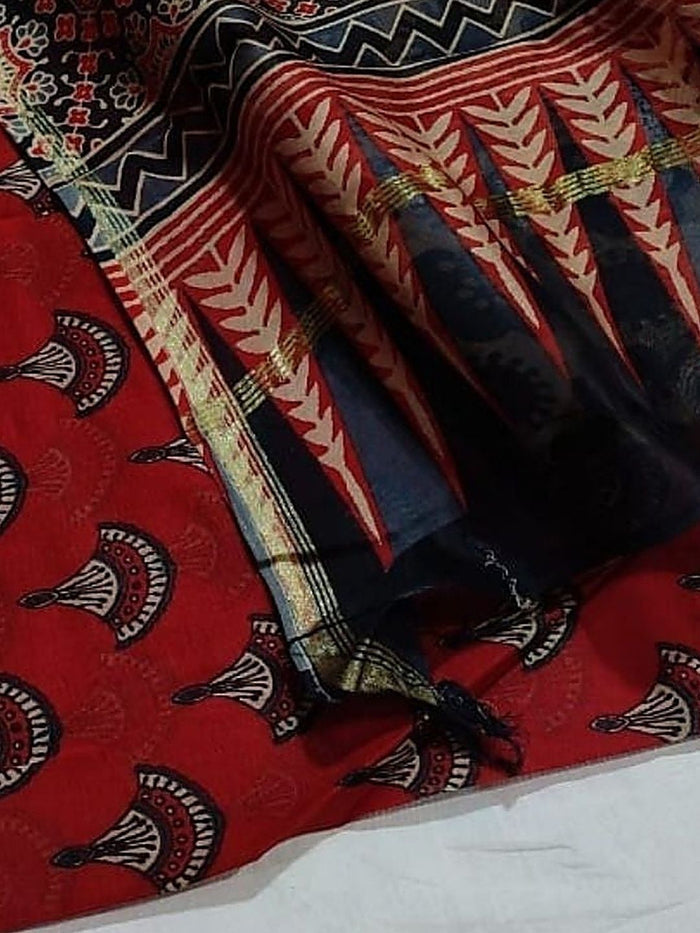Indiehaat | Chanderi Silk Ajrakh Print Saree Red