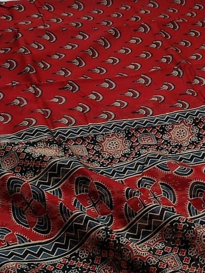Indiehaat | Chanderi Silk Ajrakh Print Saree Red