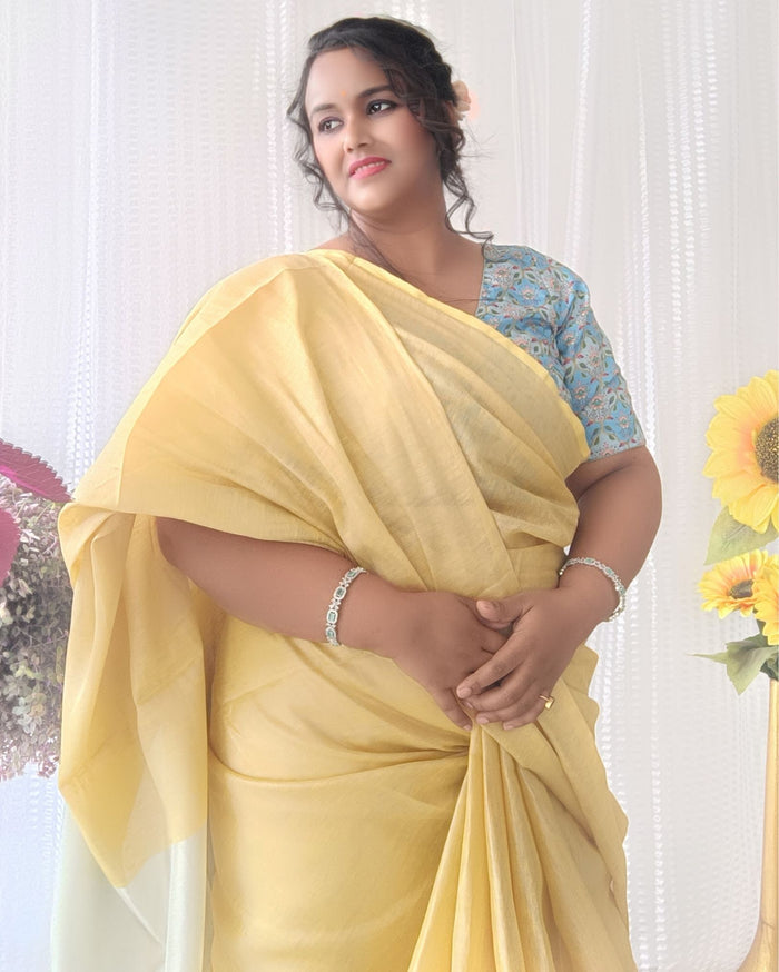 Hand Dyed Yellow Tissue Linen Saree with Running Blouse