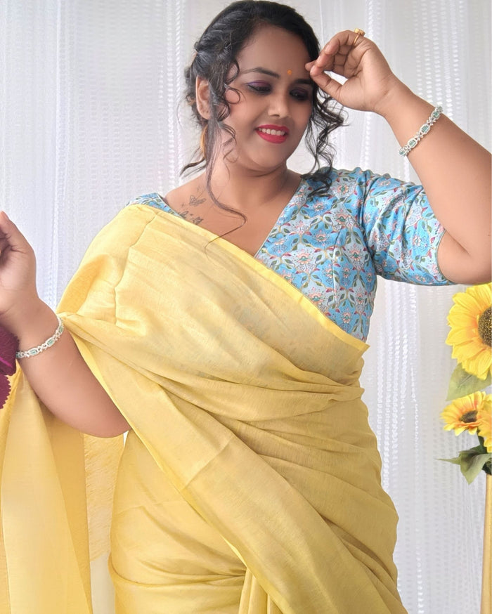 Hand Dyed Yellow Tissue Linen Saree with Running Blouse