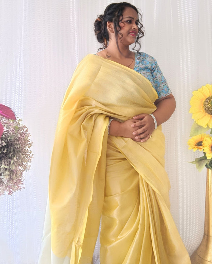 Hand Dyed Yellow Tissue Linen Saree with Running Blouse