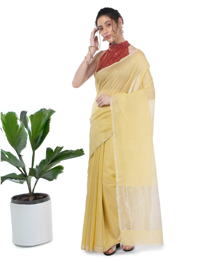 Hand Dyed Yellow Tissue Linen Saree with Running Blouse