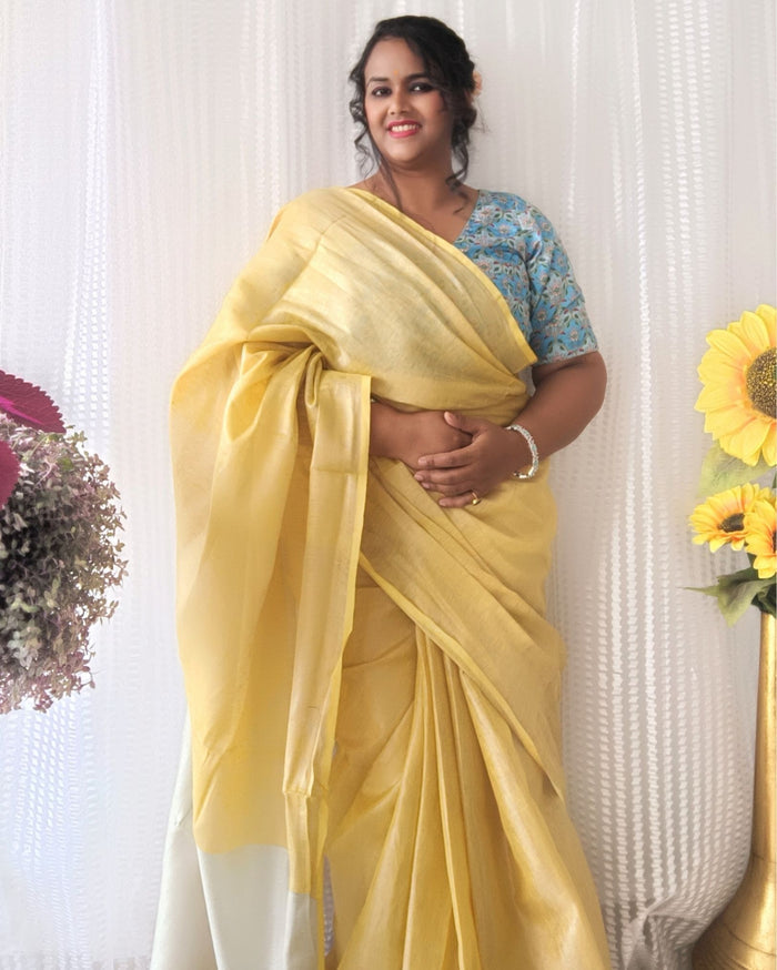 Hand Dyed Yellow Tissue Linen Saree with Running Blouse