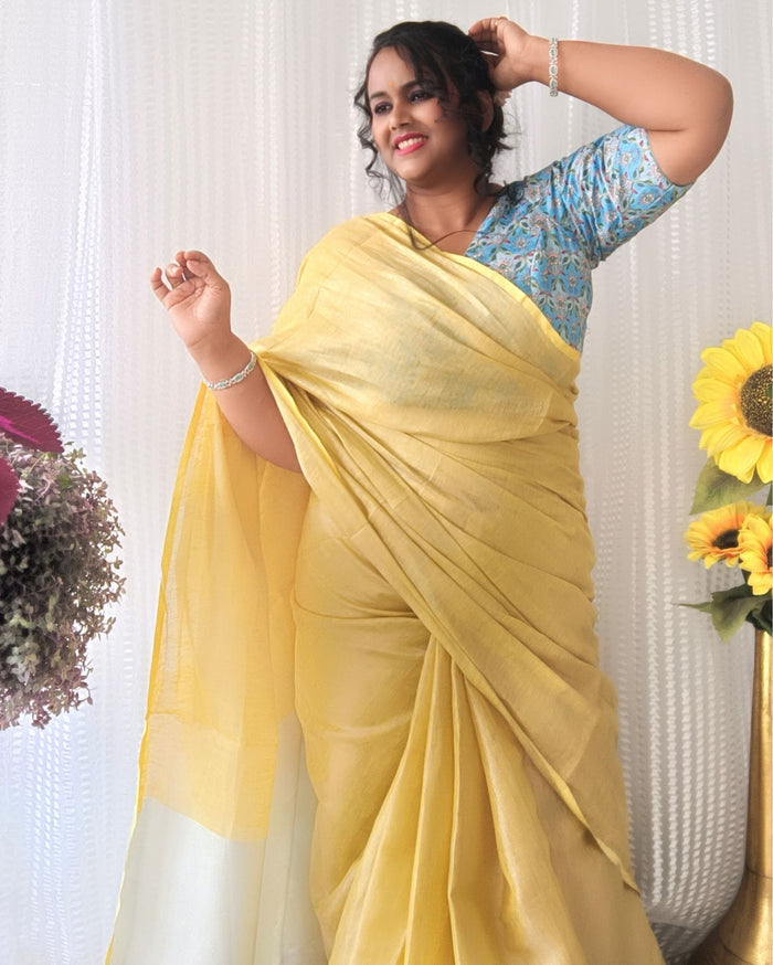 Hand Dyed Yellow Tissue Linen Saree with Running Blouse