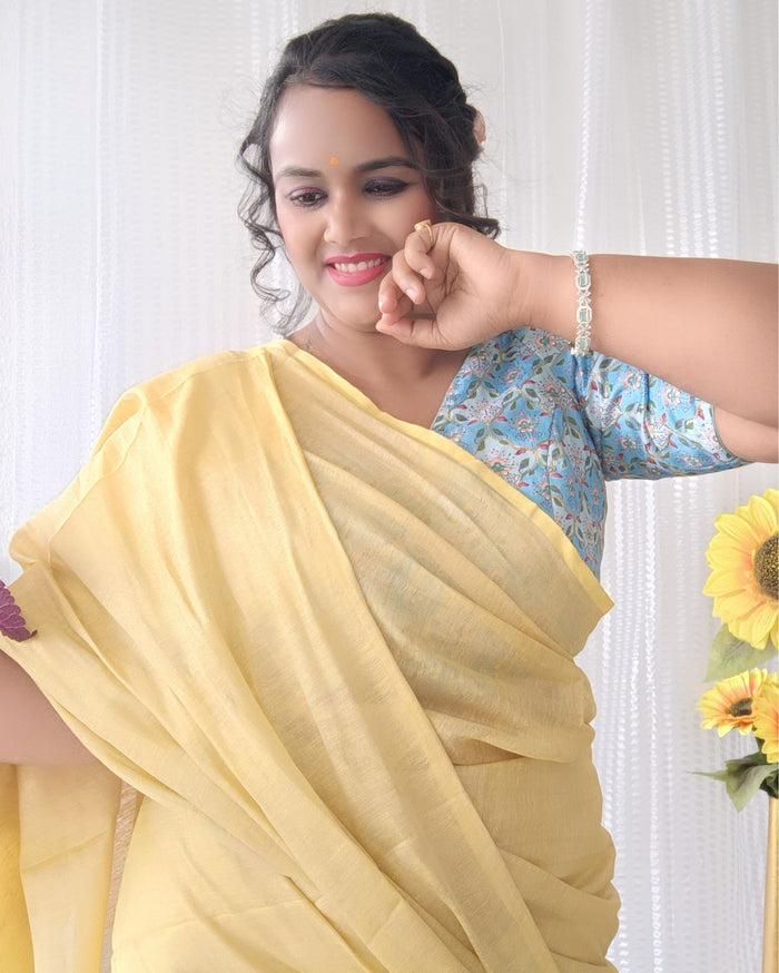 Hand Dyed Yellow Tissue Linen Saree with Running Blouse