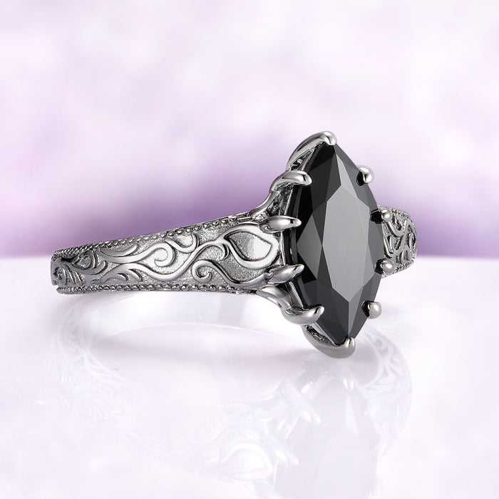 Black Onyx Engagement Ring – Gothic Victorian Sterling Silver Solitaire